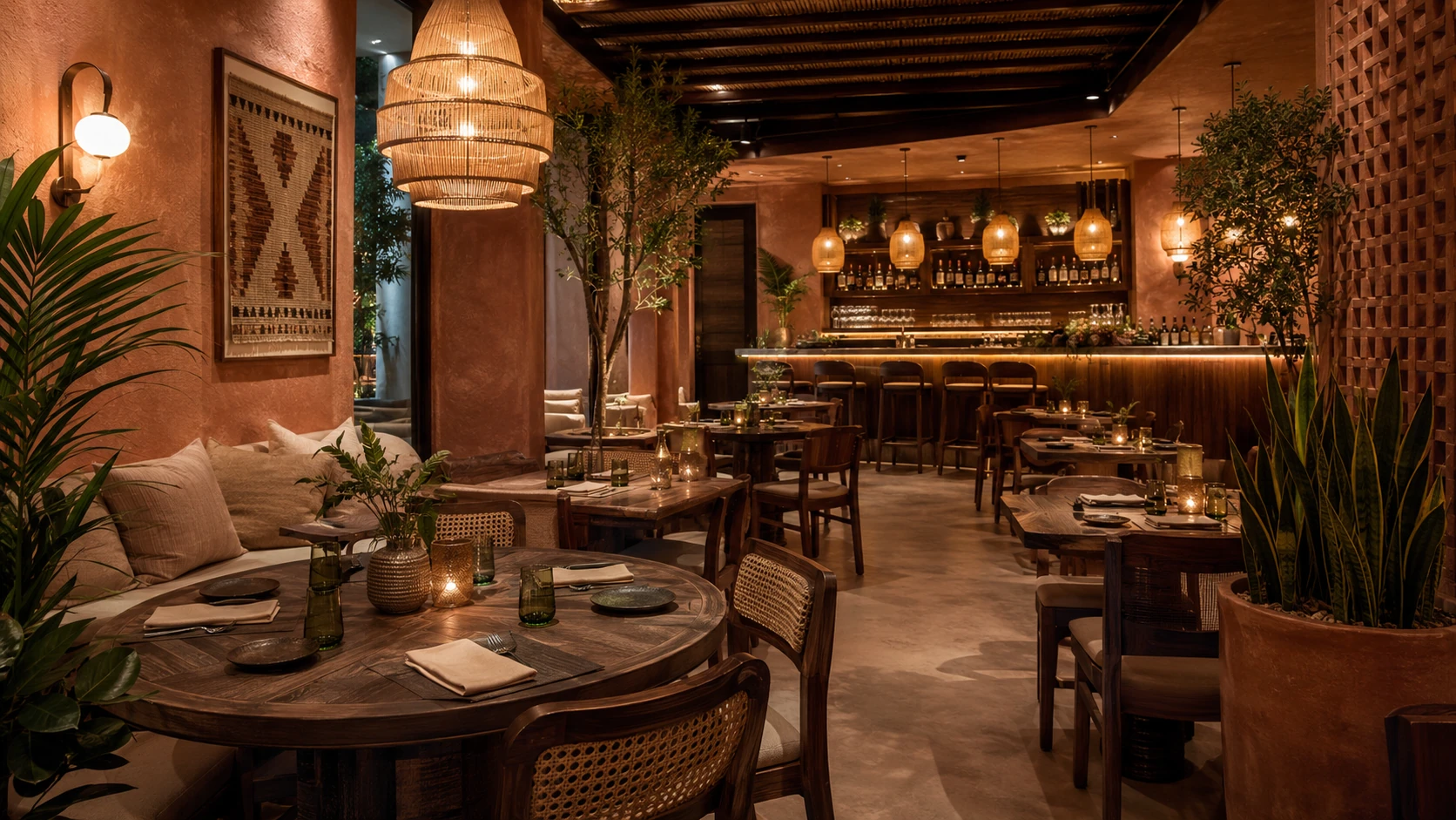 Espaço de restaurante com atmosfera acolhedora e iluminação quente